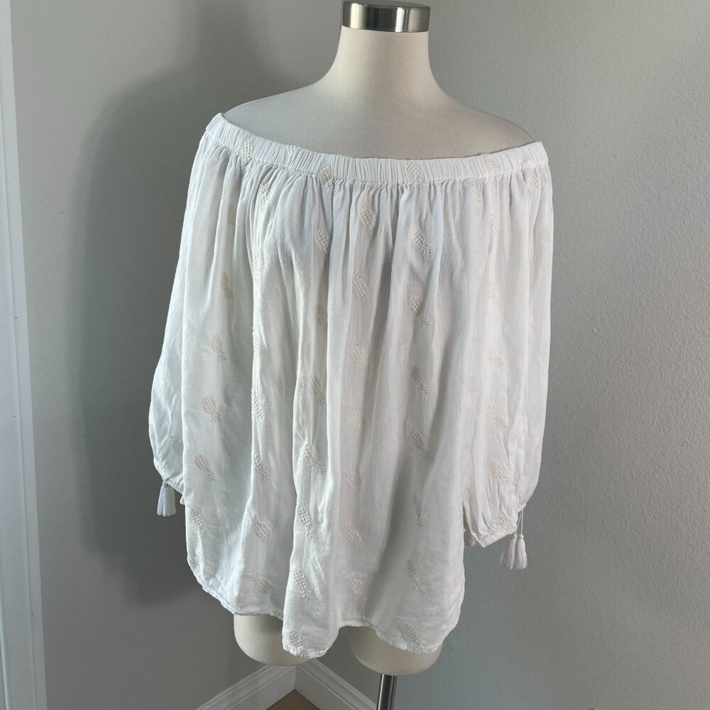 Old Navy Womens Plus XXL Off The Shoulder Embroidered Blouse Tassel Tie Cuff Top